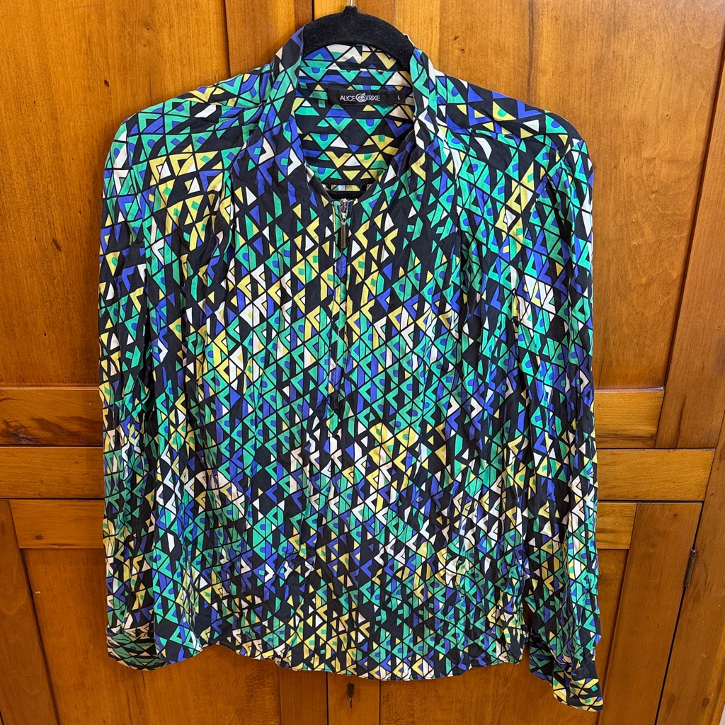 Alice & Trixie Colorful Geometric Patterned 100% Silk Zip Up Blouse